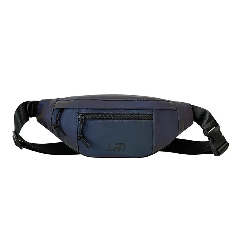 Blue reflective Oxford cloth crossbody cycling bag with soft handle and open pocket.