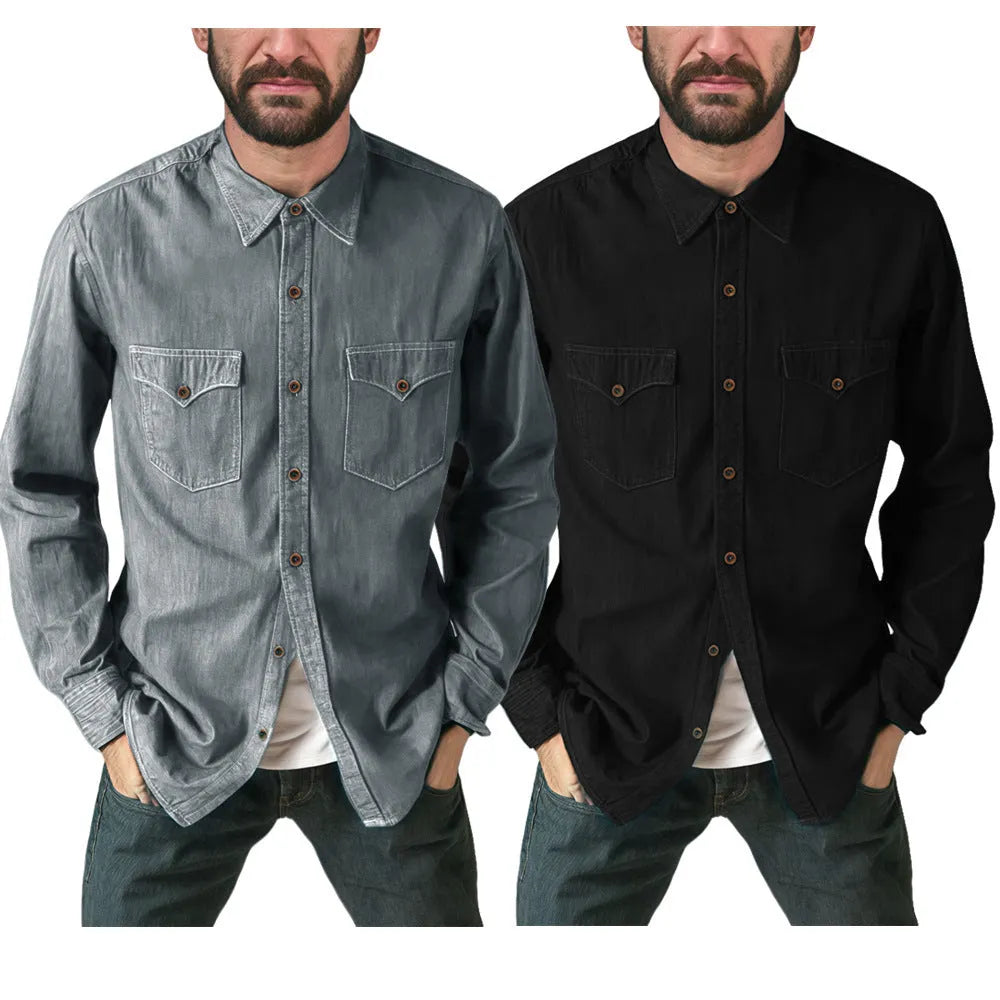 Man wearing a regular fit denim cardigan coat in khaki, showing the open front and cardigan style.