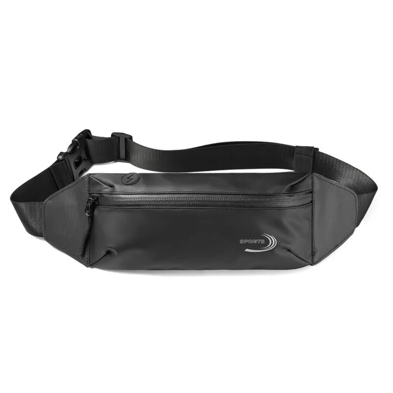 Men's black waterproof sports waist bag made from Derm Oxford polyester, shown from the side.