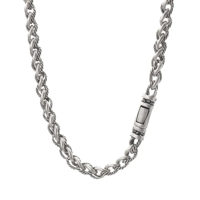 Men's titanium steel keel chain necklace with twist design and large links in antique silver finish.