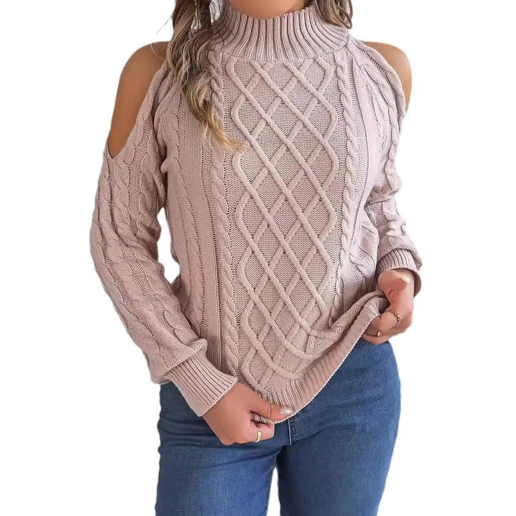 Grey women's casual sweater with twisted pattern, half-high collar, and long lantern sleeves.