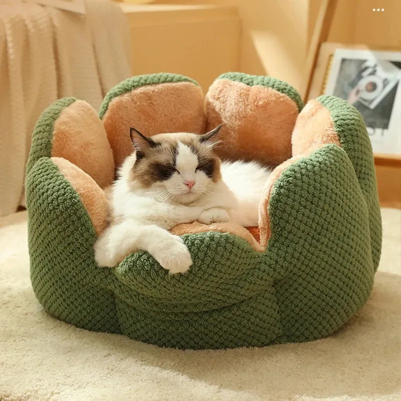 Green cactus petal shaped cat bed cave design with soft plush surface and non-slip bottom on hardwood floor