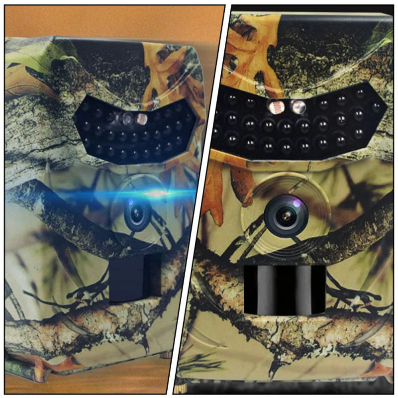 Yellow brown plastic 16MP hunting game camera with infrared LEDs and wide-angle lens.