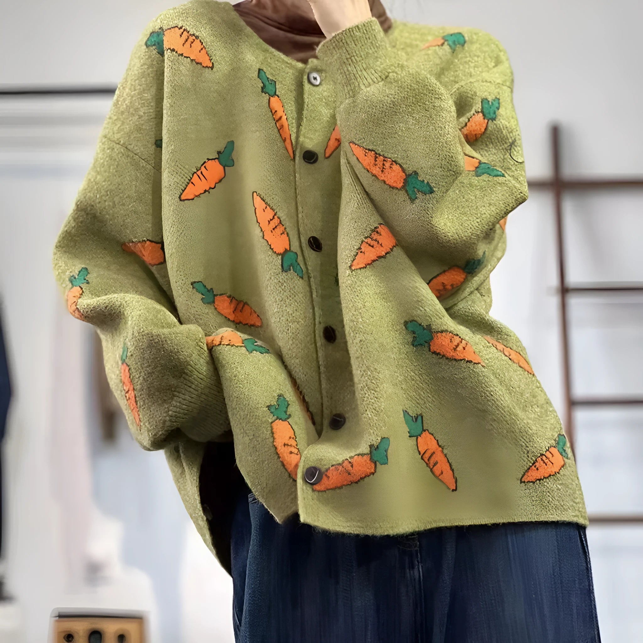 Mori artistic printing round neck loose cardigan sweater in pictured colour