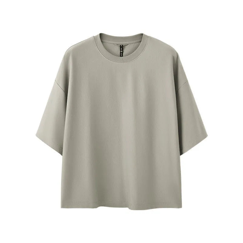 Men's short sleeve casual T-shirt in sand grey or black with loose fit pullover design