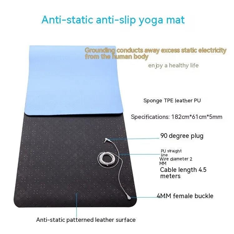 Blue conductive grounding yoga mat with flower pattern, 182cm long with grounding wire
