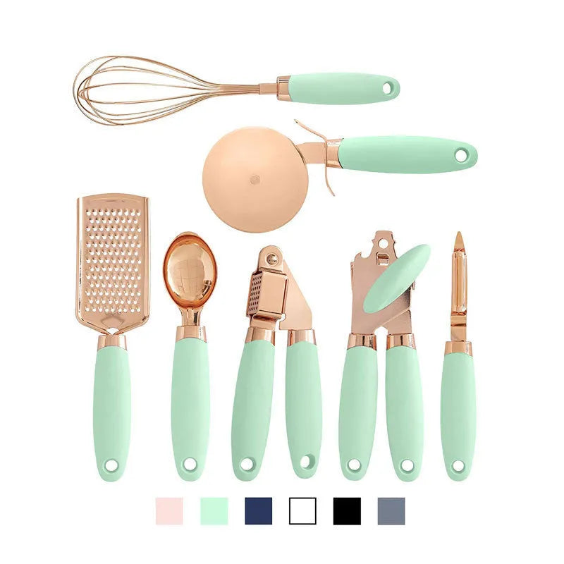 Stainless steel kitchen gadget 7 piece set with bottle opener and can opener in modern minimalist boxed colours