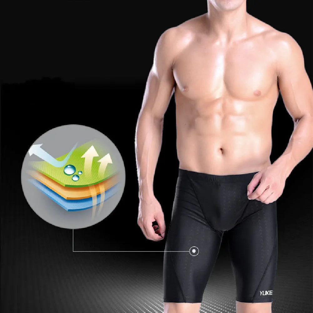 Men's black polyester swimming set with trunks, goggles, cap, accessories, and bag