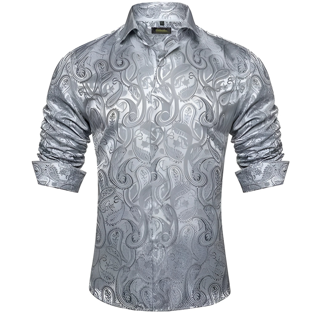 Men's polo collar long sleeve shirt with floral pattern in four-sided elastic polyester fabric, available in multiple colours and sizes