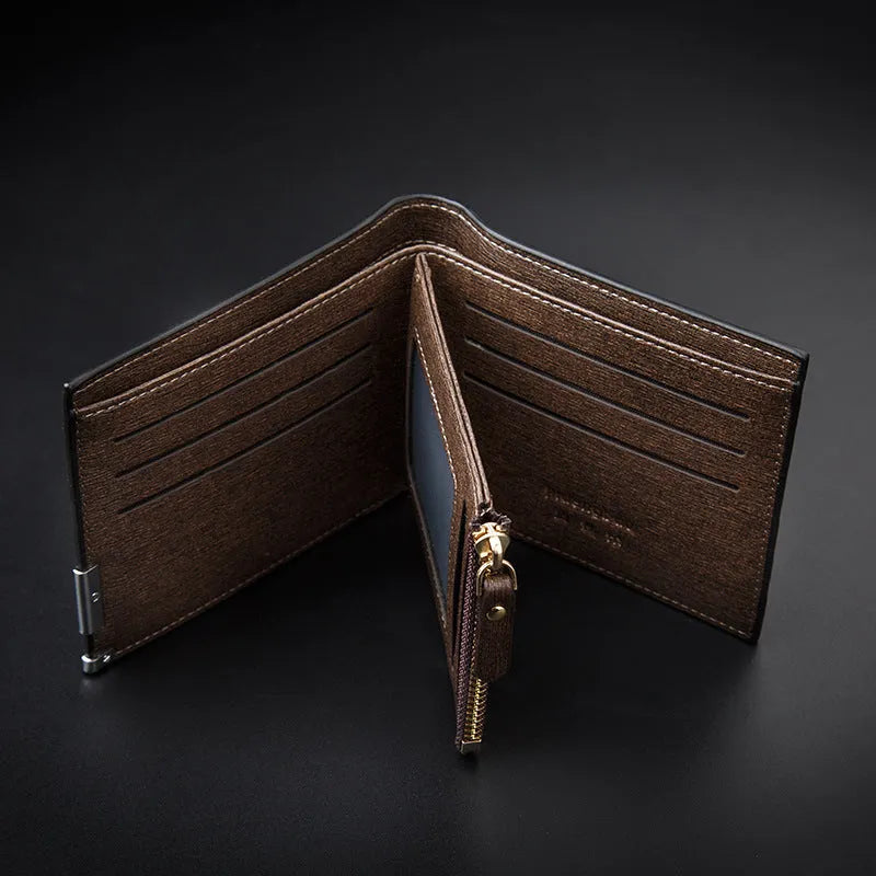 Men's embossed PU leather short business wallet with plaid pattern, 12x9.5x1.5cm, horizontal black colour