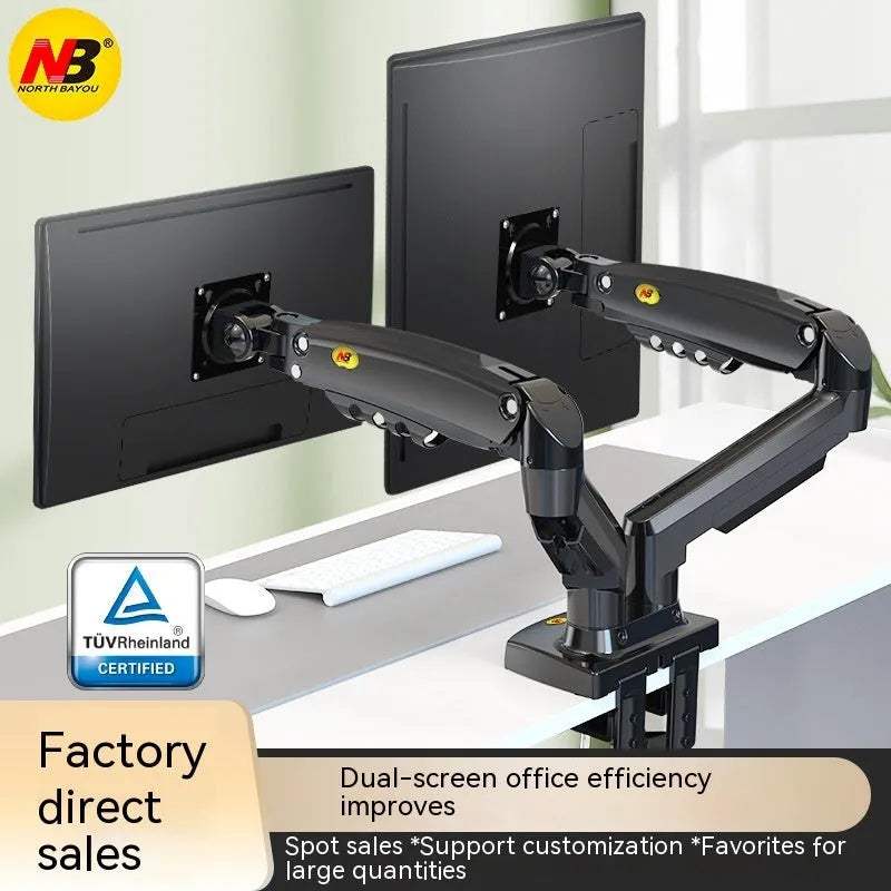 Dual screen monitor bracket in lifting style, made from aluminium and black ABS plastic.