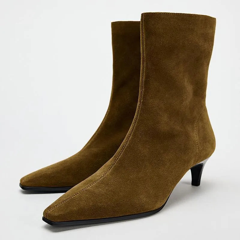Brown square toe mid heel boots with side zipper and waterproof platform sole
