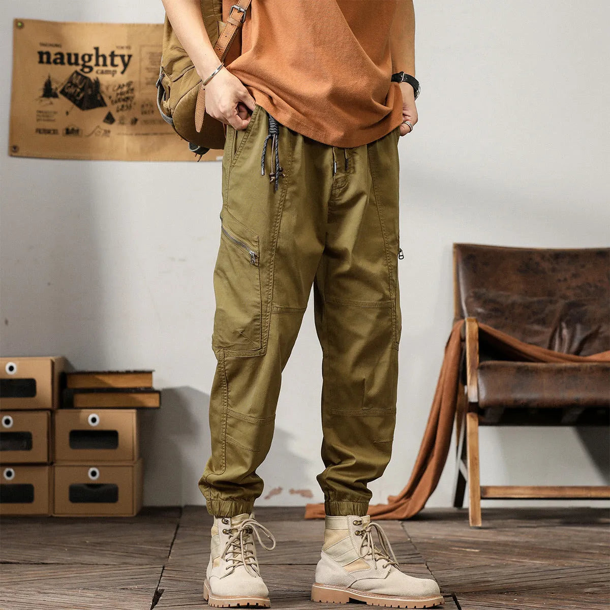 Men's tapered harem pants in cotton fabric with ankle banded legs and Hong Kong retro style