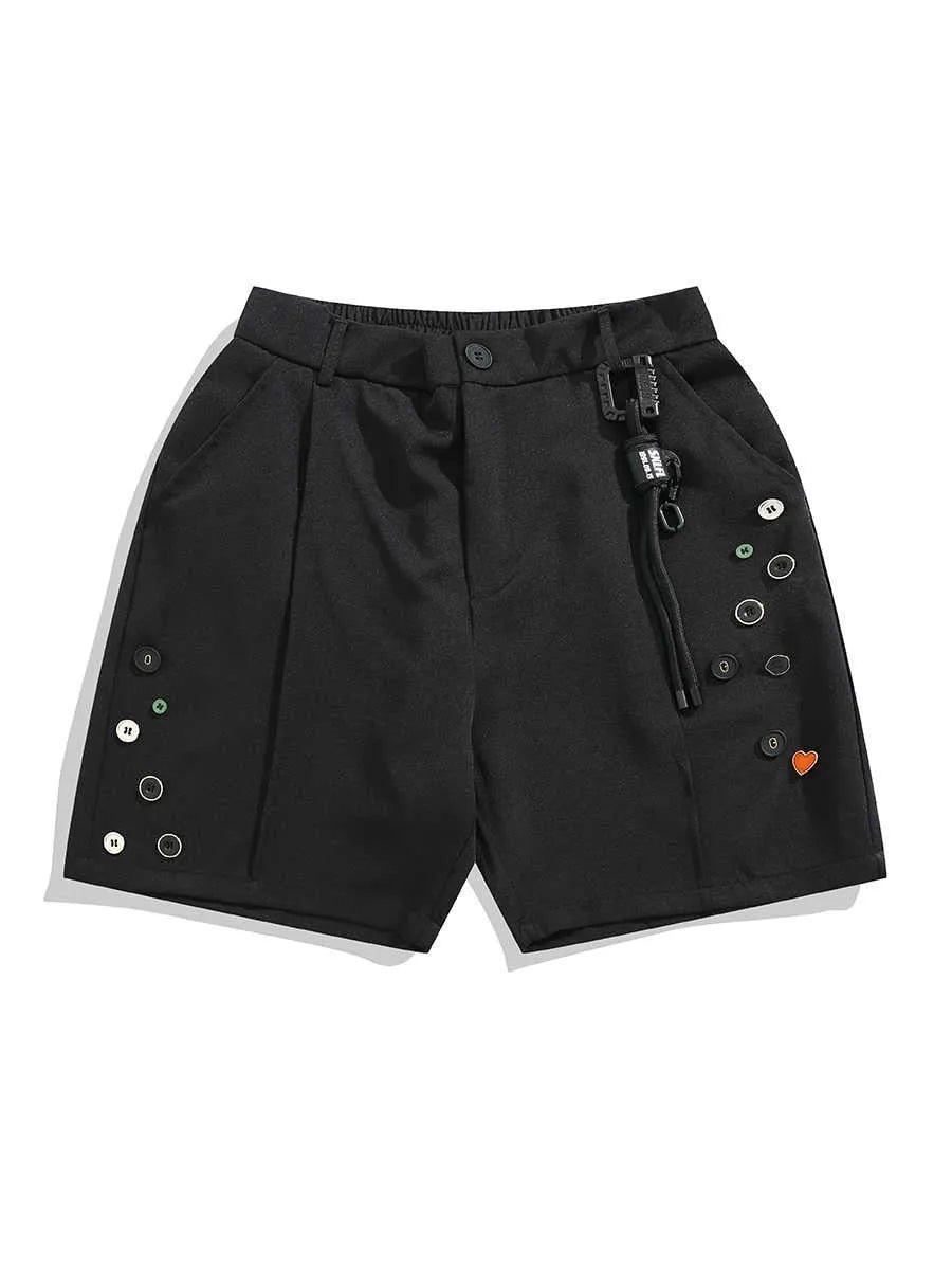 Black men's semi-elastic loose shorts with straight-leg design and zip fly opening