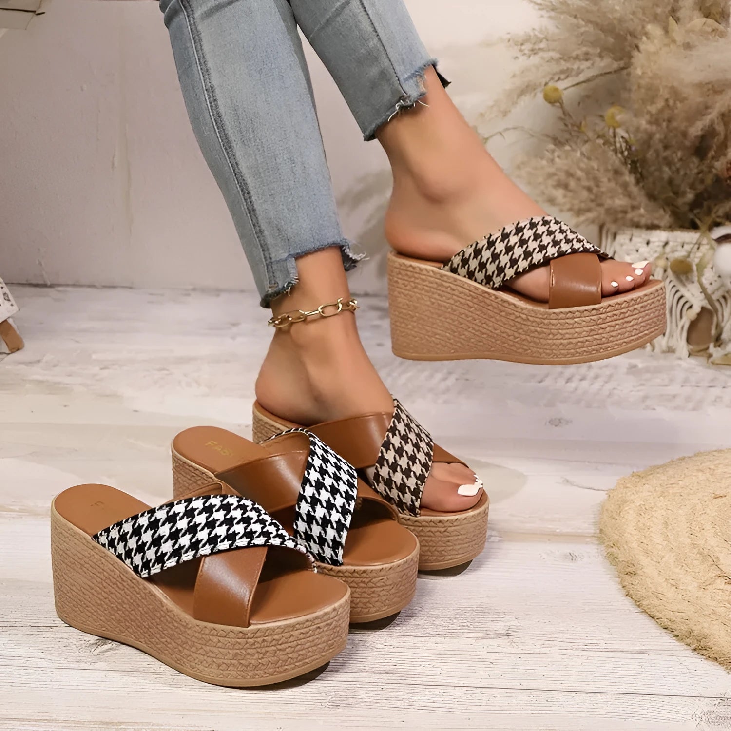 Brown and black cross leopard plaid pattern casual wedge sandals with rubber sole