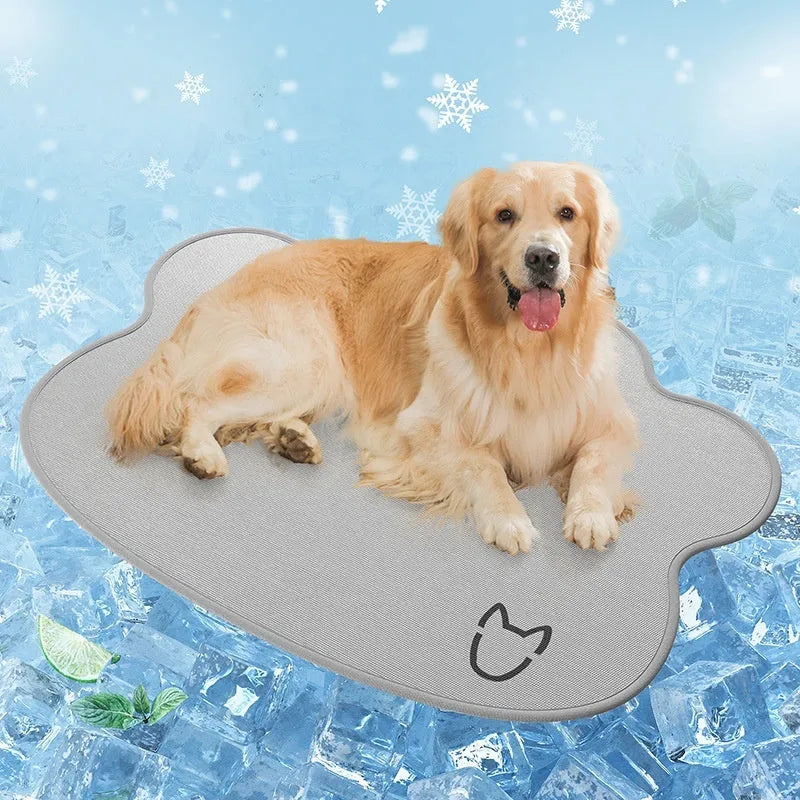 Dog head-shaped ice silk cooling mat for pets in light grey, available in multiple sizes.