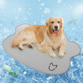Dog head-shaped ice silk cooling mat for pets in light grey, available in multiple sizes.