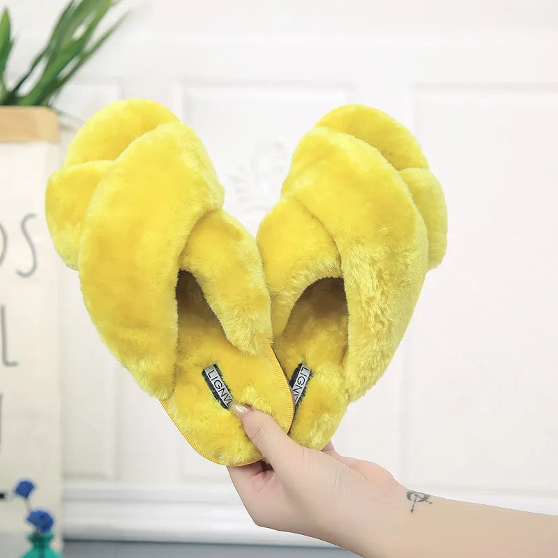 Cross open-toe fur slippers in multiple colours showing personalised toe design and non-slip patterned sole