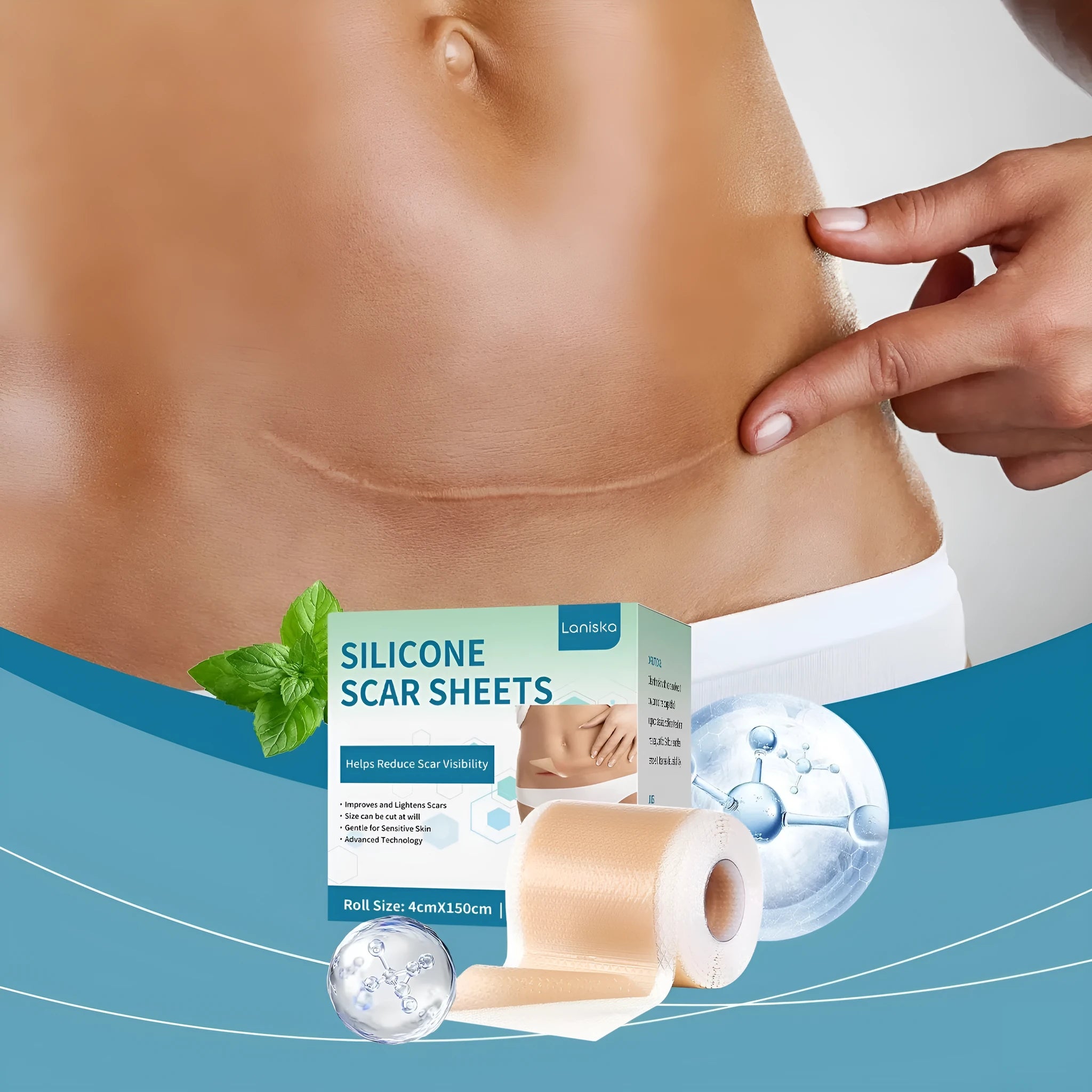 Roll of clear silicone scar paster sheet with mint leaf active ingredient