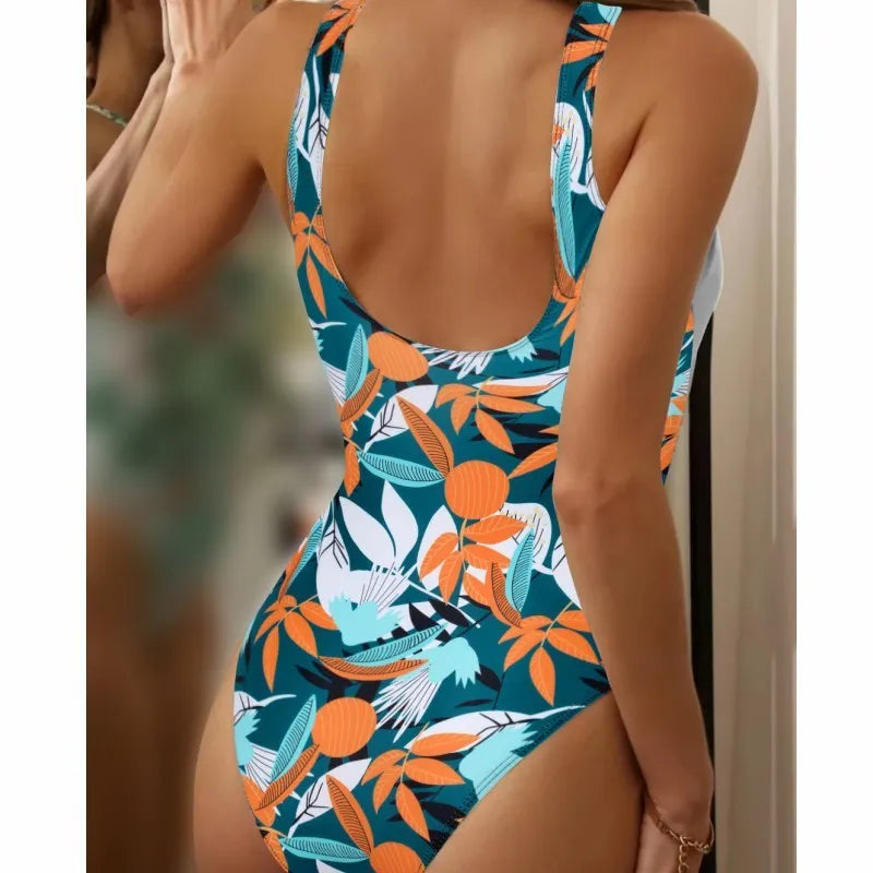 High-waist one-piece swimsuit with printed pattern in white or black colour options