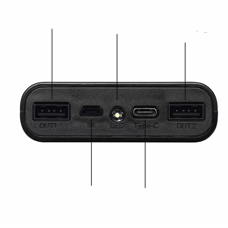 Power bank spring kit with black plastic shell, cylindrical aluminium case, multi-U port output, 45x76x22mm