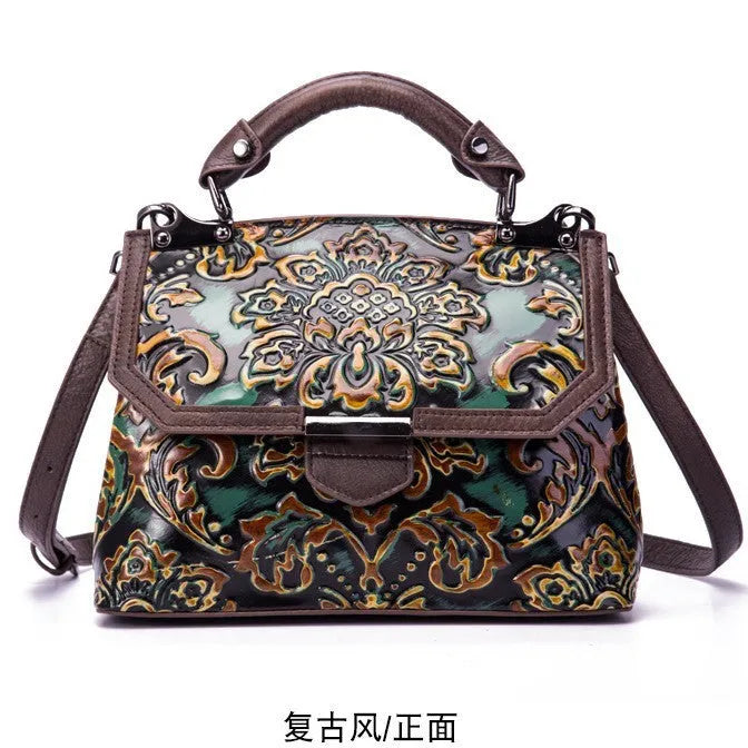 Women's retro shoulder messenger bag made of genuine cowhide leather with embossed flowers, flap closure, horizontal shape, apricot colour