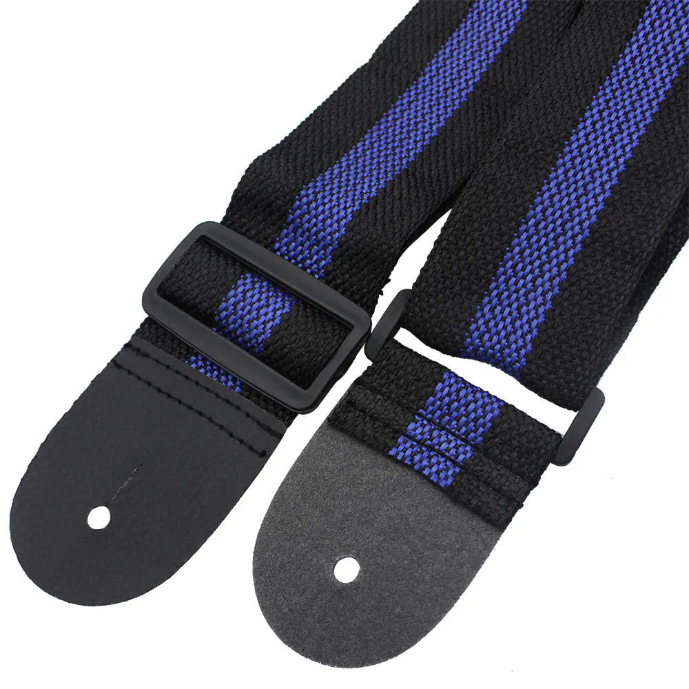 Adjustable woven guitar strap showing length adjustment and five colour options