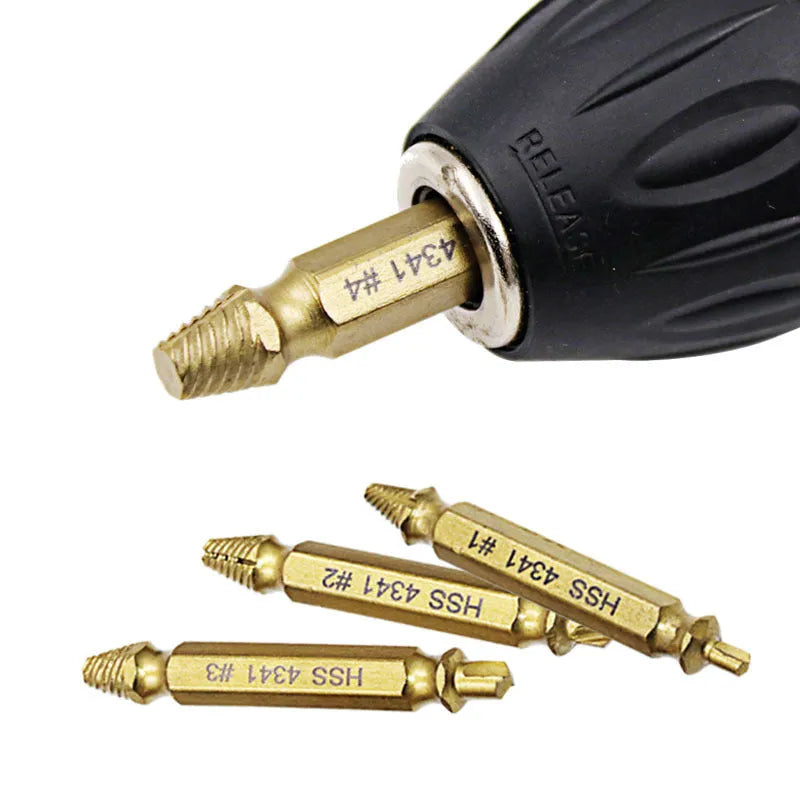 High-speed steel screw extractor set for removing damaged and rusted screws