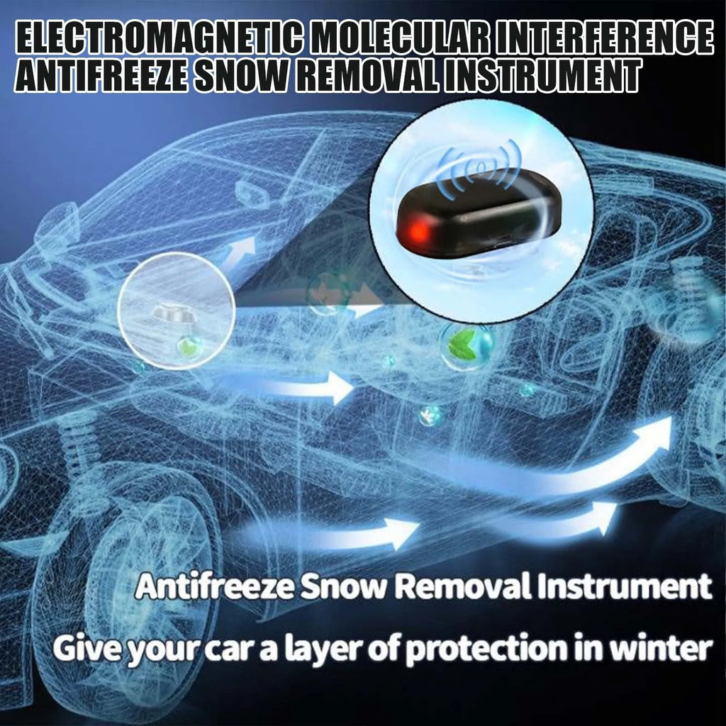 Black car snow removal tool with special glass deicing technology, 5 x 2.6 x 1.5 cm, placed on a car dashboard
