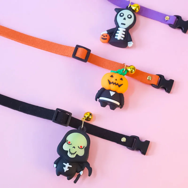 Halloween pet collar decoration showing pumpkin man, luminous brat, and luminous skull patterns with adjustable sizing