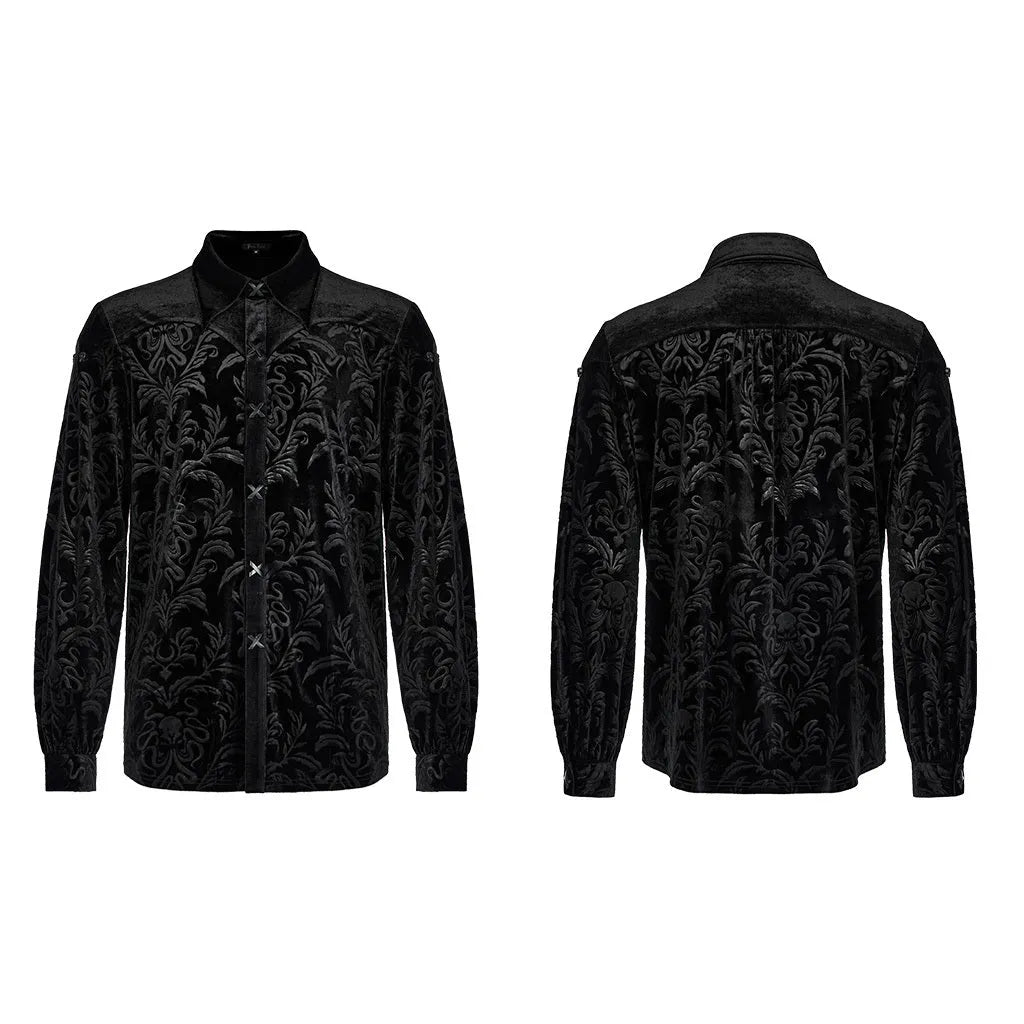Gothic court college style velvet men's shirt in black with pointed collar and long sleeves