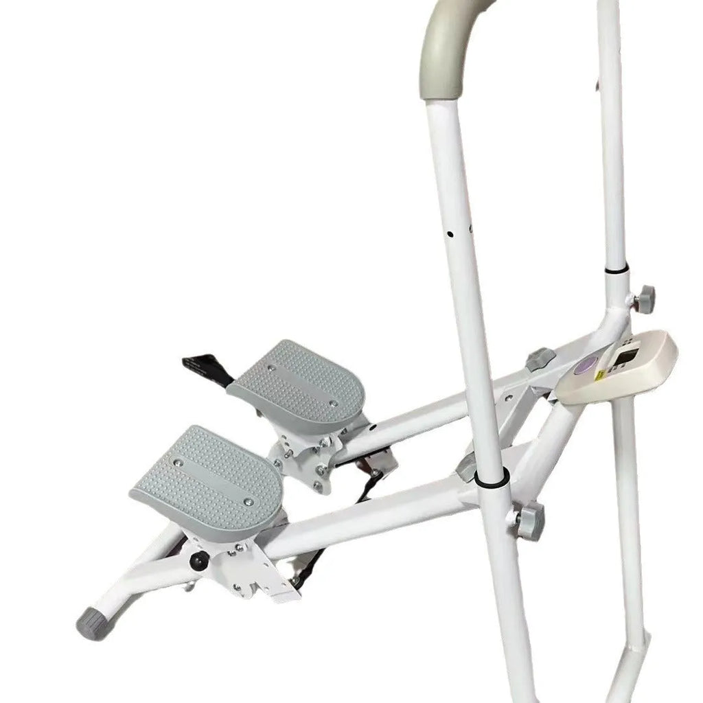 White foldable treadmill with attached climbing frame for home fitness