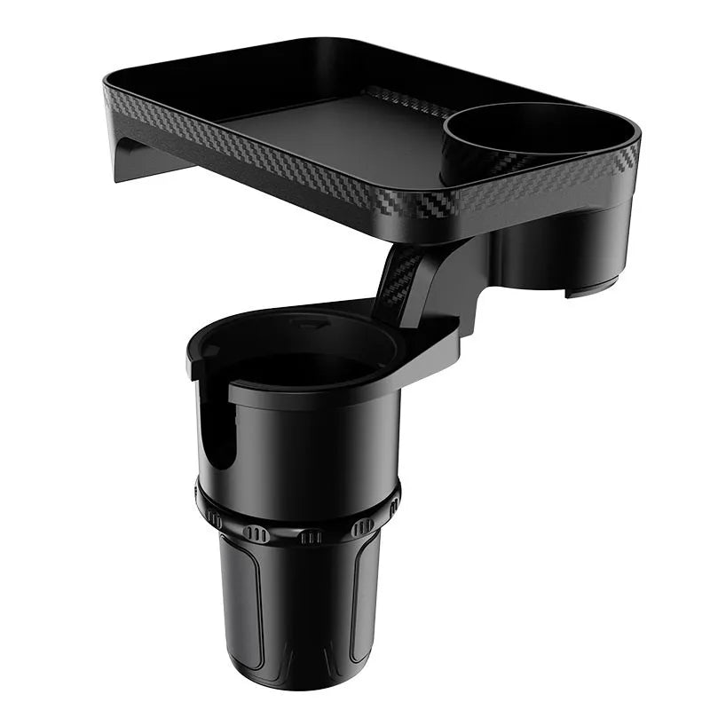 Black car cup holder with rotating dinner tray plate showing 360-degree swivel mechanism