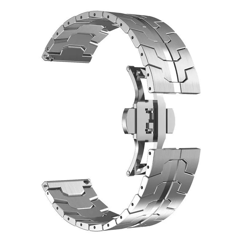 Stainless steel replacement watch band for Samsung Galaxy Watch in silver, shown next to 20mm and 22mm size options.