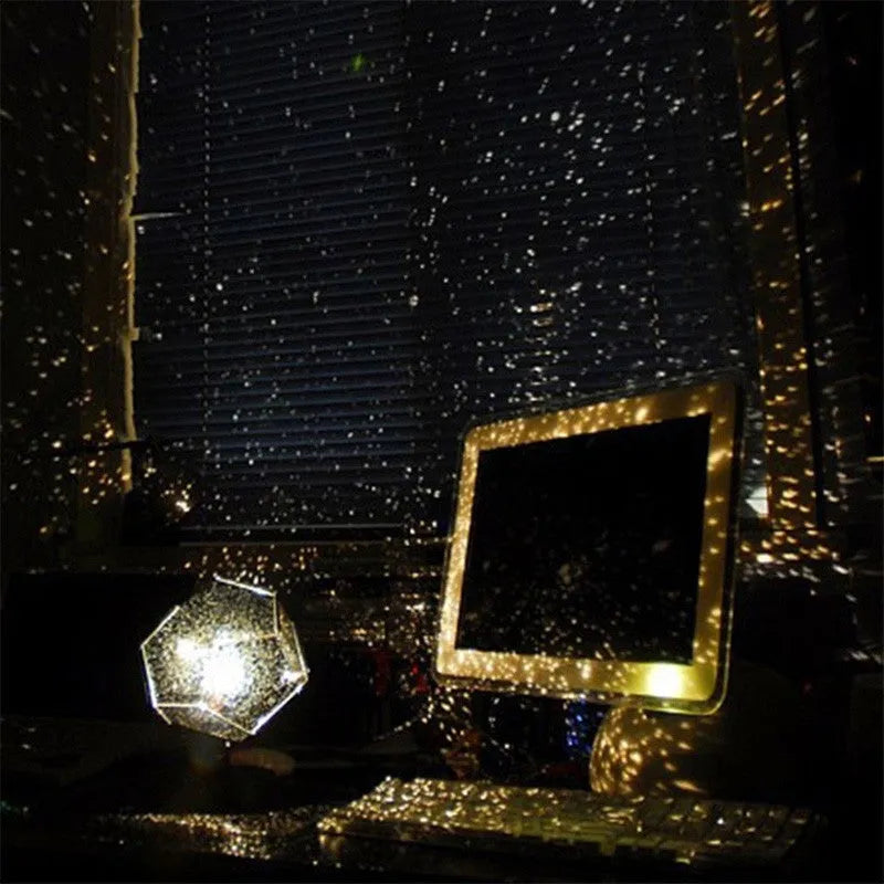 LED star projector showing constellation patterns on bedroom ceiling with remote control