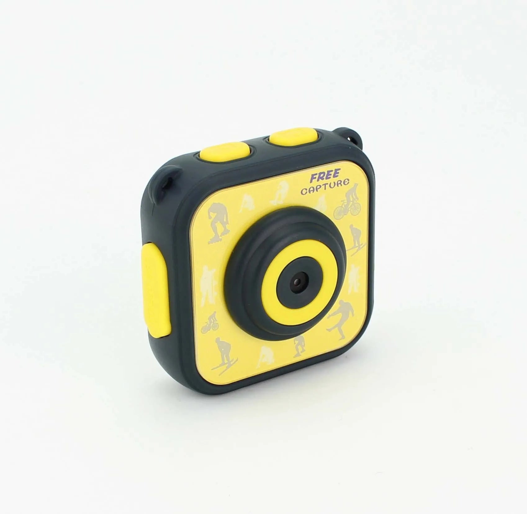 Yellow children's waterproof sports camera with LCD screen and compact design