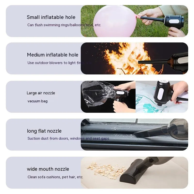 Car wireless handheld vacuum cleaner with 6KPa suction, 4000mAh rechargeable battery, Type-C port, and accessories on a black background