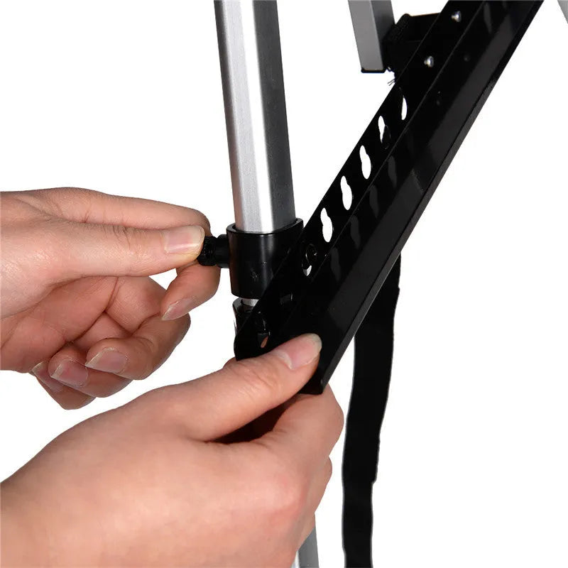 Silver adjustable aluminium alloy easel folded for transport with black carrying bag and shoulder strap