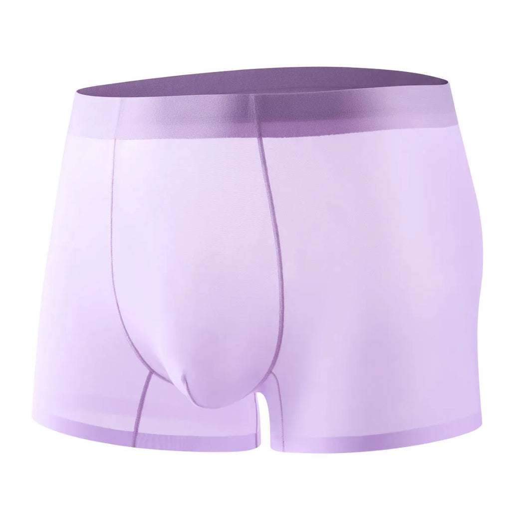 Ultra-thin ice silk seamless men's boxer briefs in various colours on a white background.