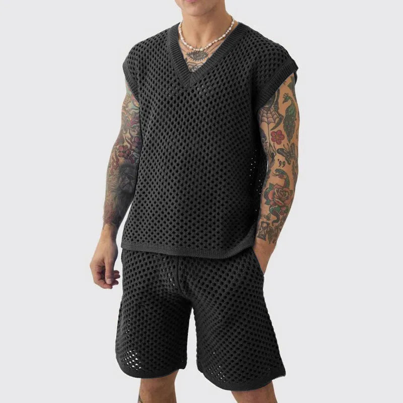Men's blue V-neck sleeveless vest and matching shorts summer sports set on hanger
