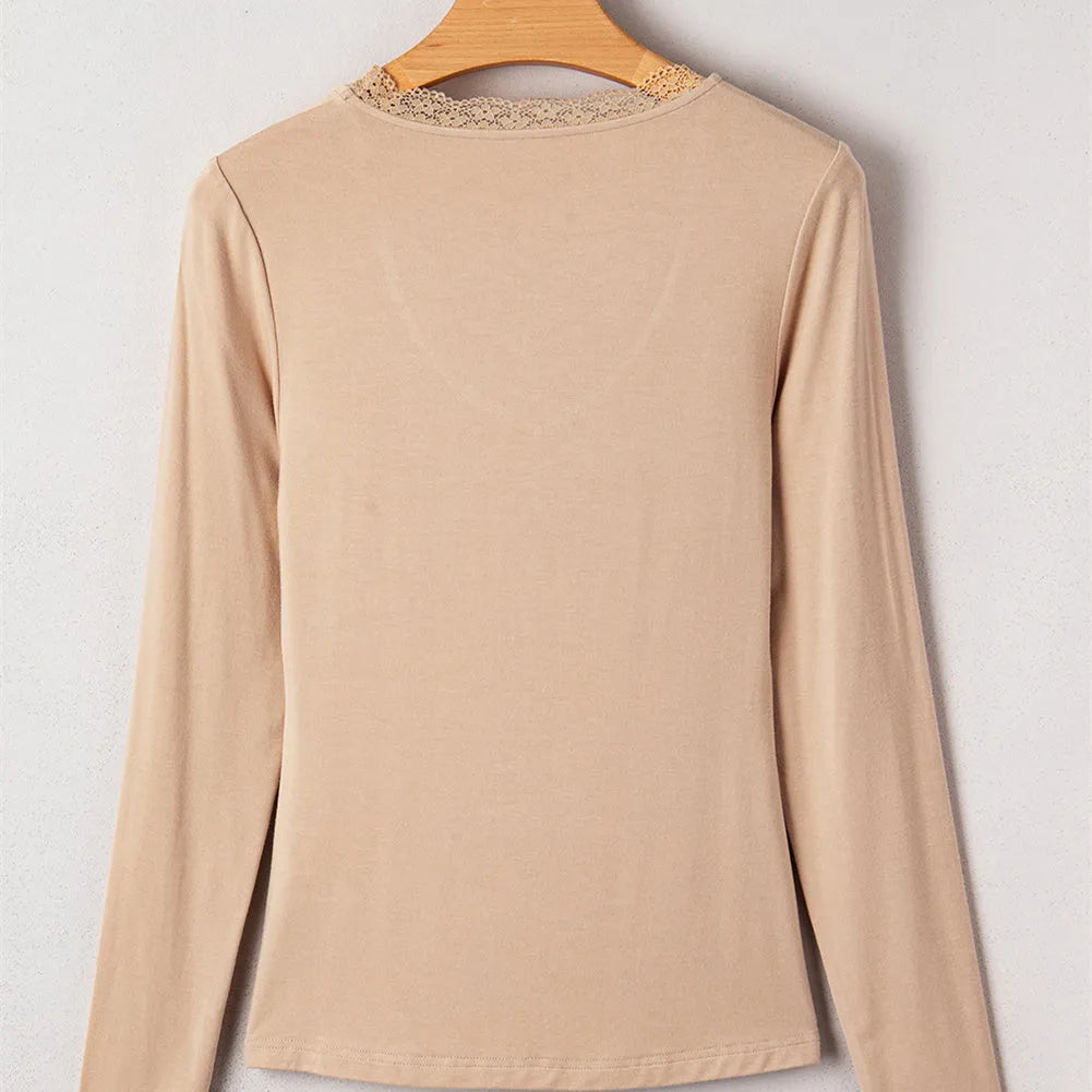 Women's solid colour long sleeve casual top with lace trim detailing in slim fit Japanese Korean style