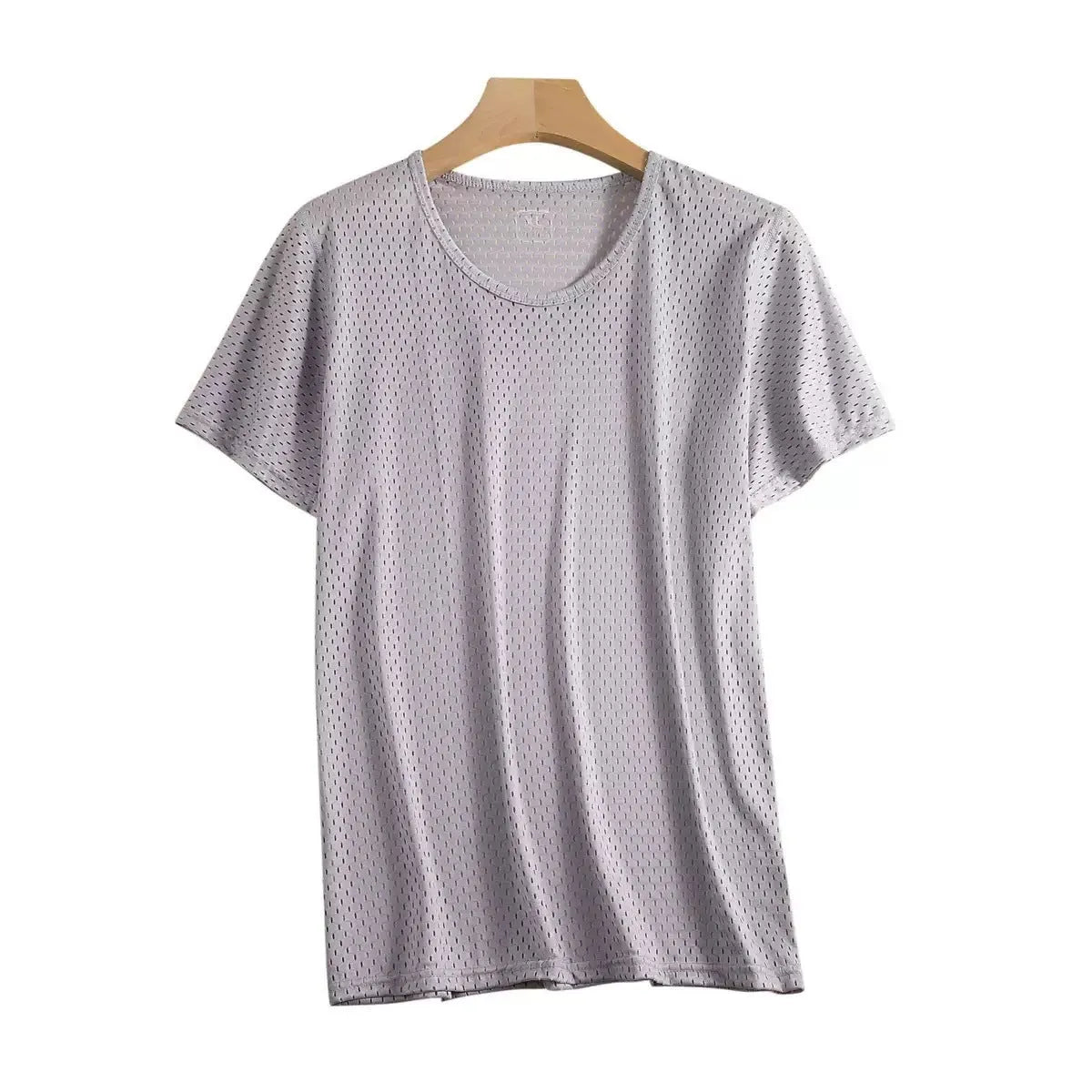 Men's ice silk short sleeve T-shirt in loose fit crew neck design showing mesh fabric texture