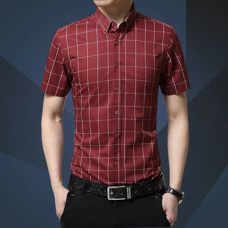 Men's red plaid short sleeve slim fit shirt with cotton blend fabric on a hanger