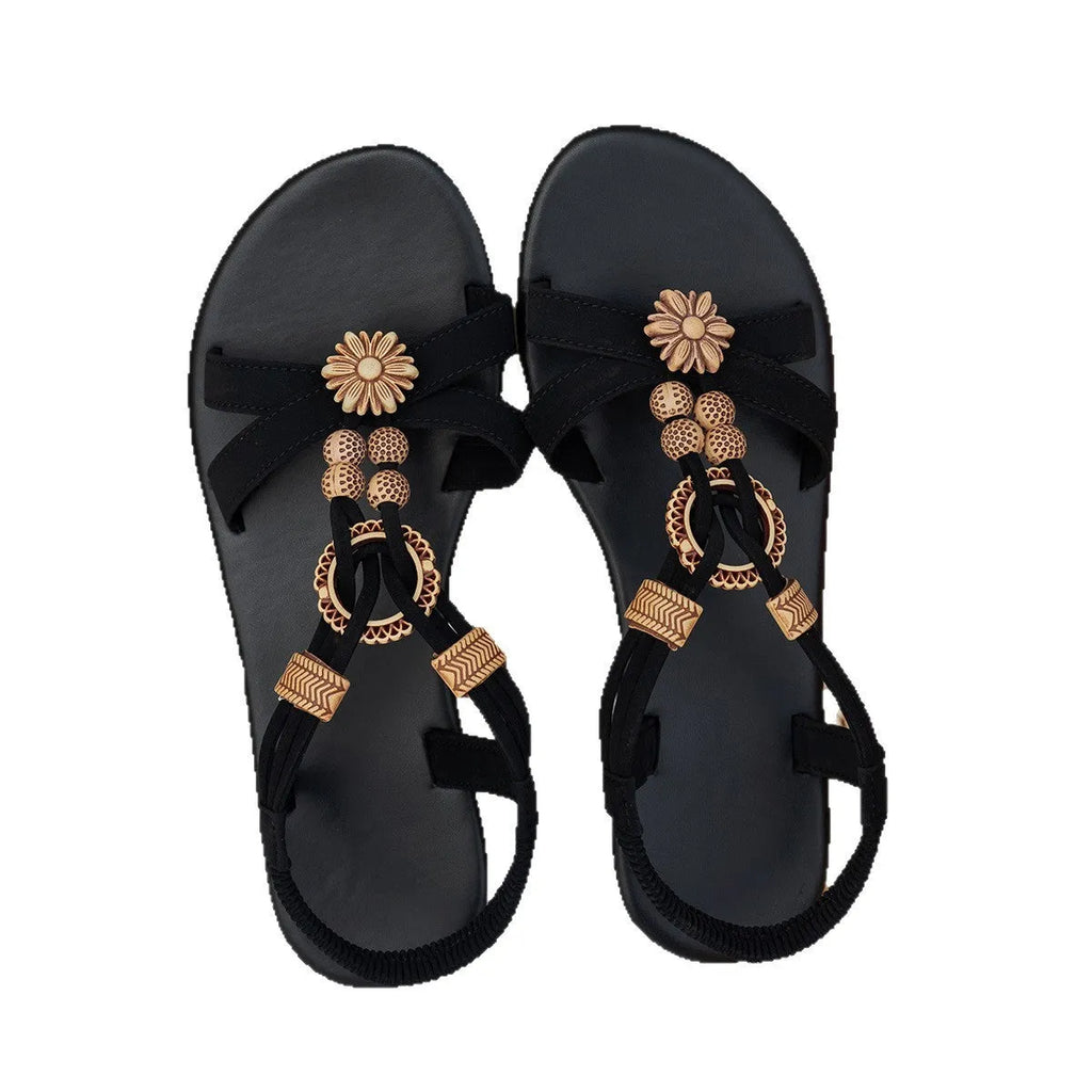 Black ethnic style women's woven flat sandals with bead decorations and elastic bands