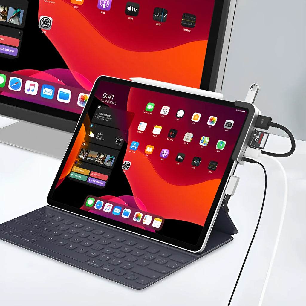 Silver aluminium grey USB-C 6-in-1 docking station for iPad Pro with HDMI and USB ports