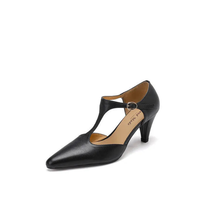 Brown retro women's T-strap sandals with a buckle, closed toe, and a short stout heel.