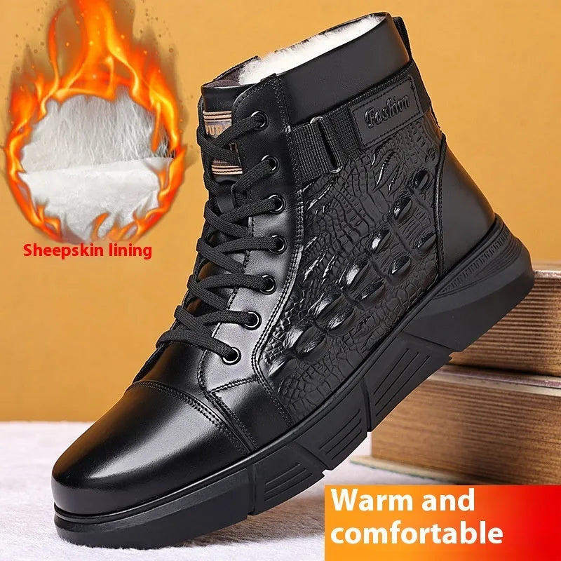 Men's black winter boots with fur lining, genuine leather uppers, and rubber soles shown with lace-up front