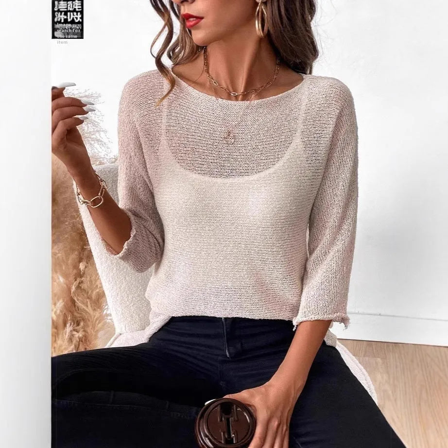 Women's off-shoulder knitted overall top in thin polyester with 3D pattern and 3/4 sleeves