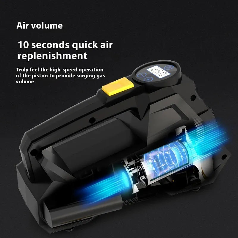Black portable digital tyre inflator with display and LED light for 12V car use.