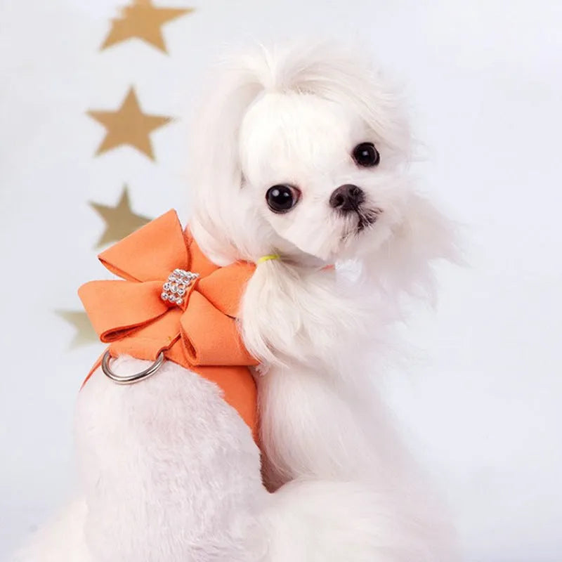 Microfiber dog chest strap harness with decorative bowknot in blue, orange, and pink colour options